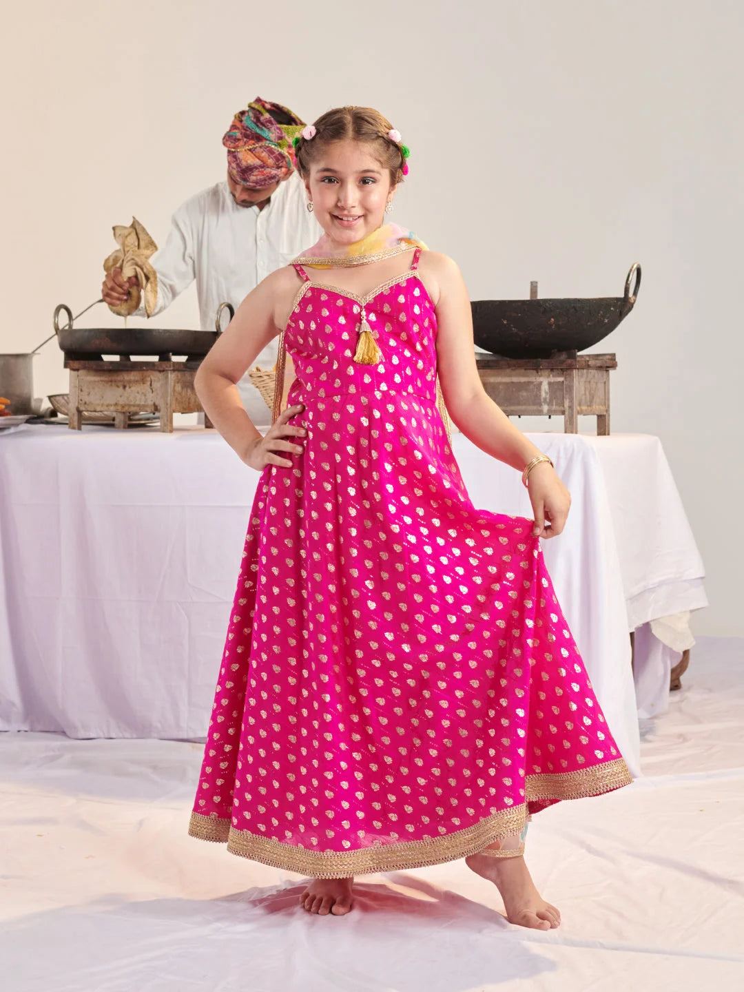 Girl - Pink Brocade Silk A-Line Kurta Pant Set With Dupatta