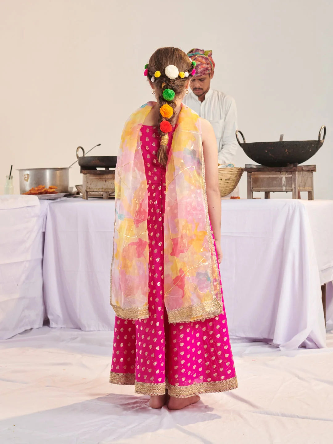 Girl - Pink Brocade Silk A-Line Kurta Pant Set With Dupatta