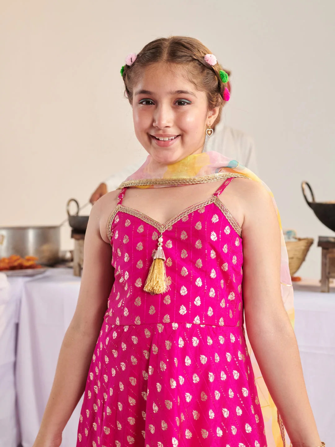 Girl - Pink Brocade Silk A-Line Kurta Pant Set With Dupatta