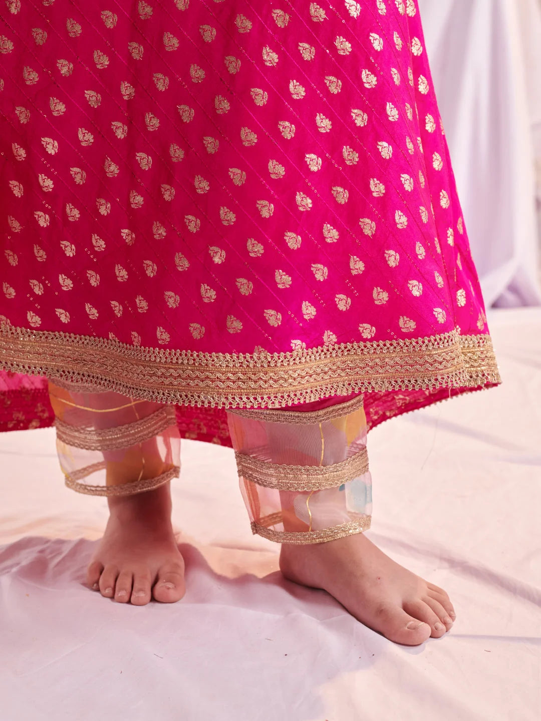 Girl - Pink Brocade Silk A-Line Kurta Pant Set With Dupatta