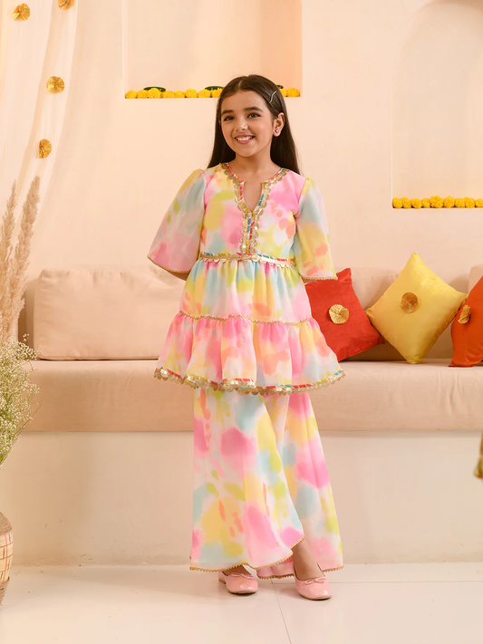 Girl - Multicolor Splash Print Kurta Sharara Set