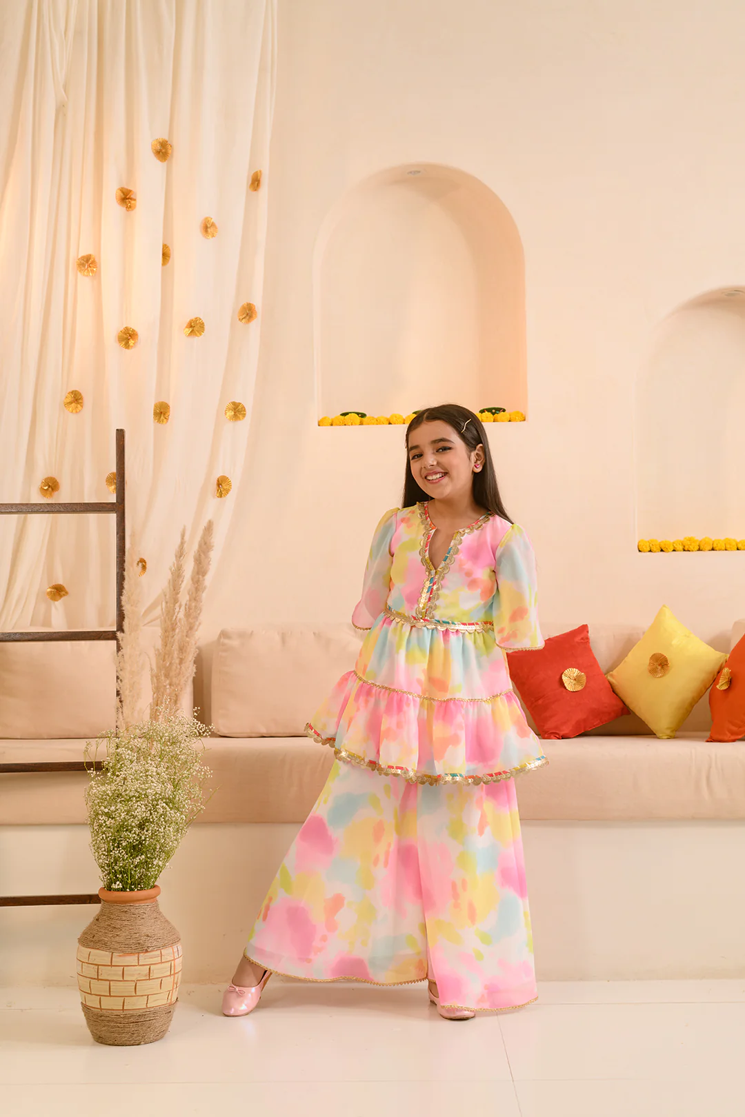 Girl - Multicolor Splash Print Kurta Sharara Set