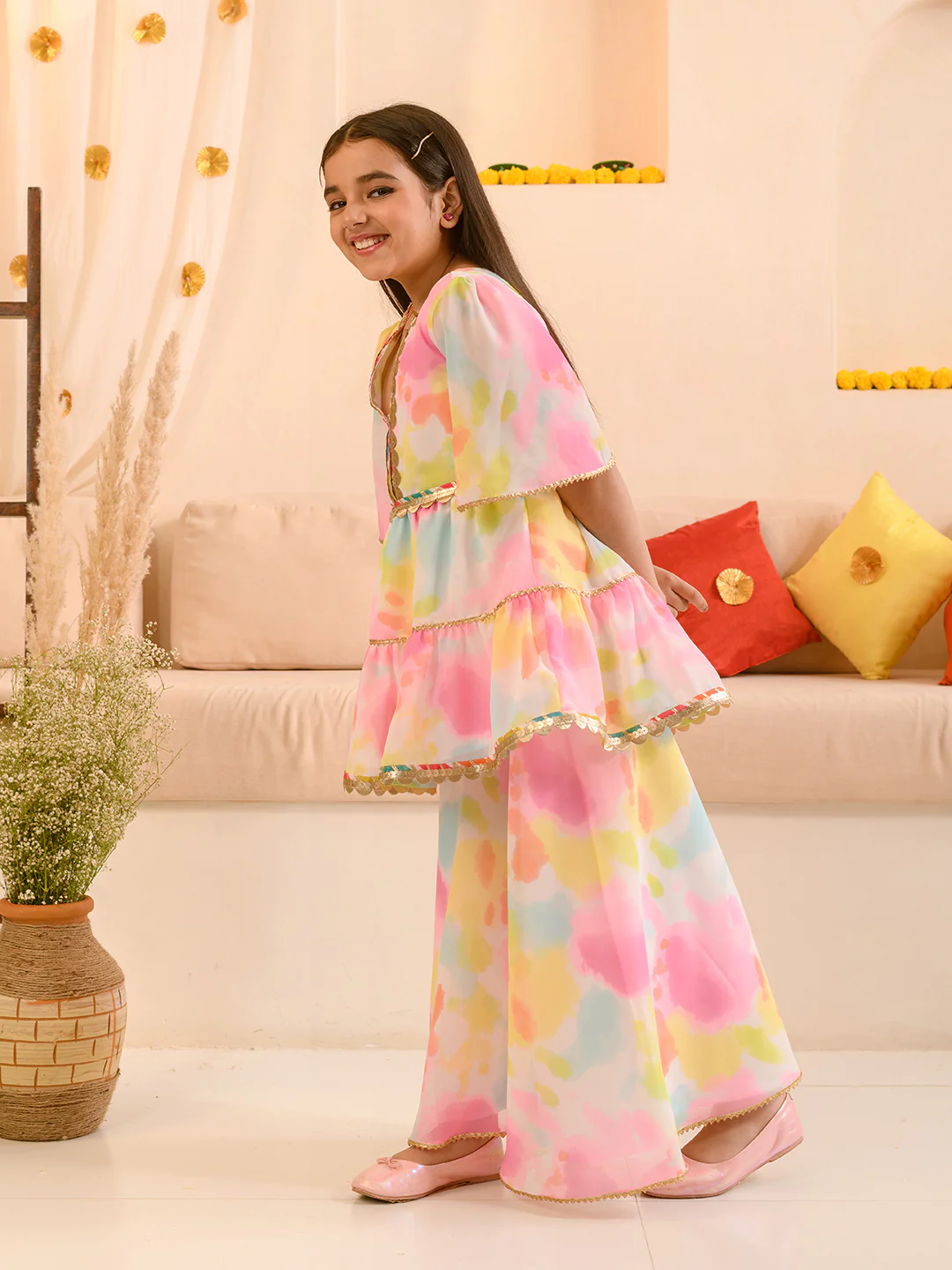 Girl - Multicolor Splash Print Kurta Sharara Set