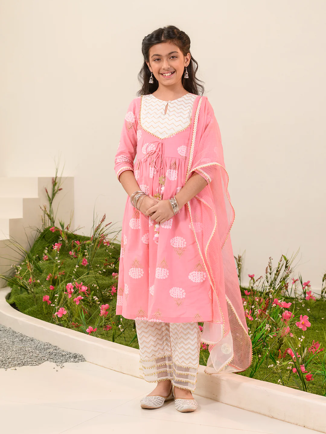 Girl - Cotton Pink Kurta with Offwhite Pant