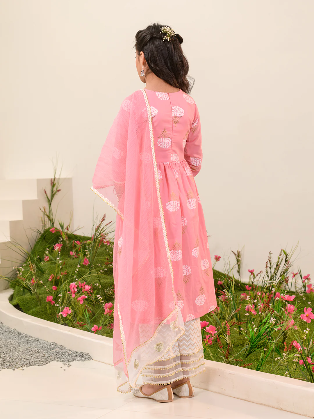 Girl - Cotton Pink Kurta with Offwhite Pant