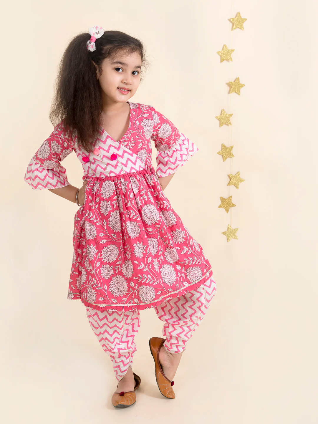 Girl - Pink Cotton Kurta with Dhoti Set