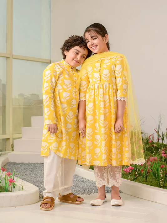 Girl - Yellow Floral Kurta with Pant & Dupatta