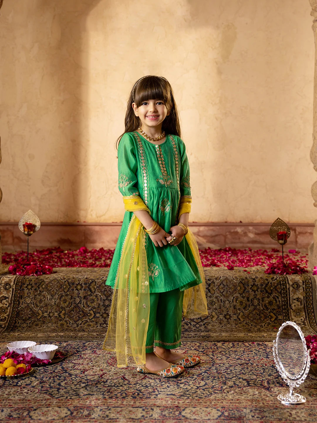 Girl - Green Embroidered Chanderi A-Line Kurta Set With Dupatta