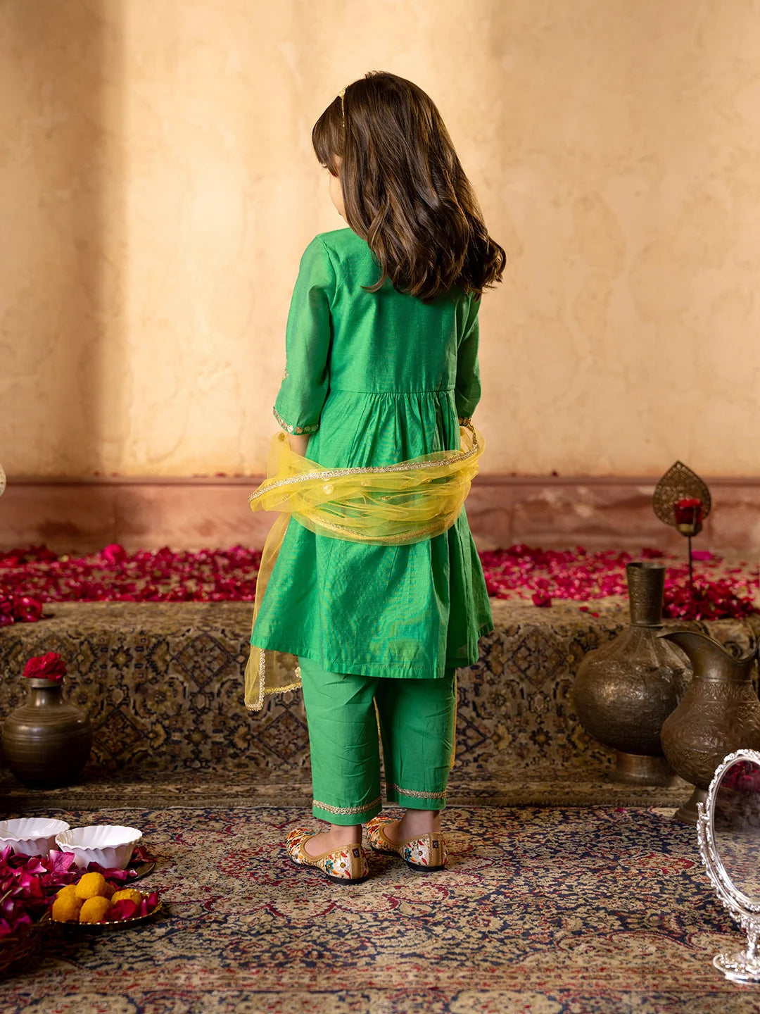 Girl - Green Embroidered Chanderi A-Line Kurta Set With Dupatta