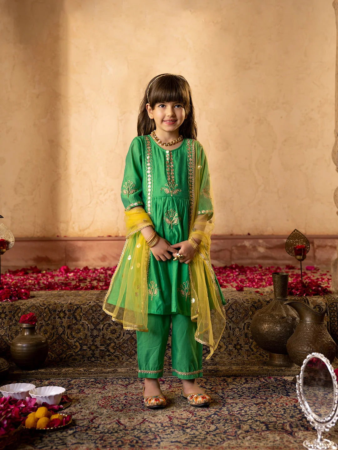Girl - Green Embroidered Chanderi A-Line Kurta Set With Dupatta