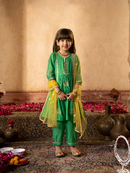 Girl - Green Embroidered Chanderi A-Line Kurta Set With Dupatta