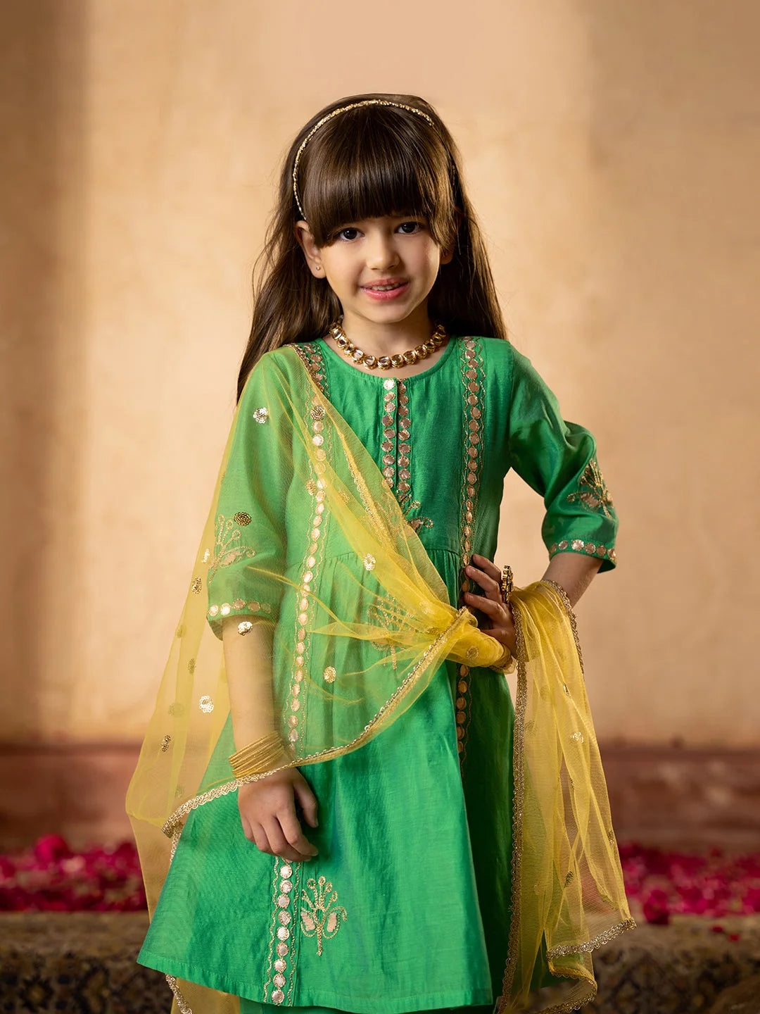 Girl - Green Embroidered Chanderi A-Line Kurta Set With Dupatta