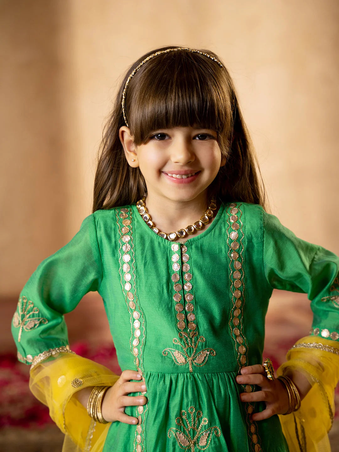 Girl - Green Embroidered Chanderi A-Line Kurta Set With Dupatta