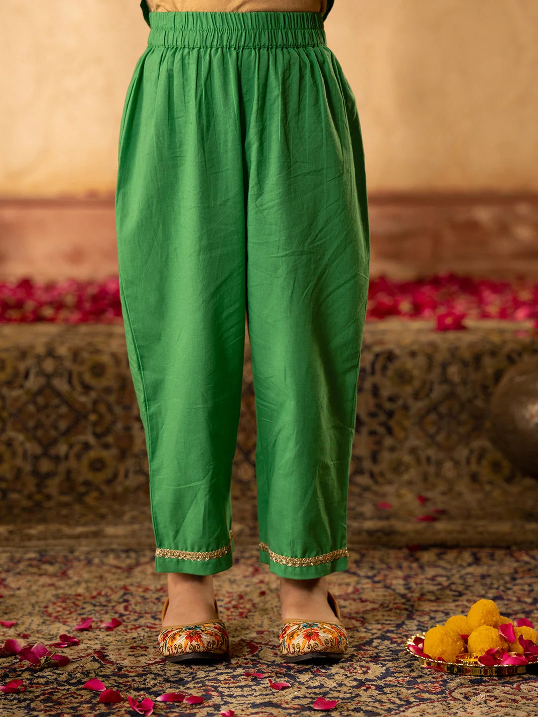 Girl - Green Embroidered Chanderi A-Line Kurta Set With Dupatta
