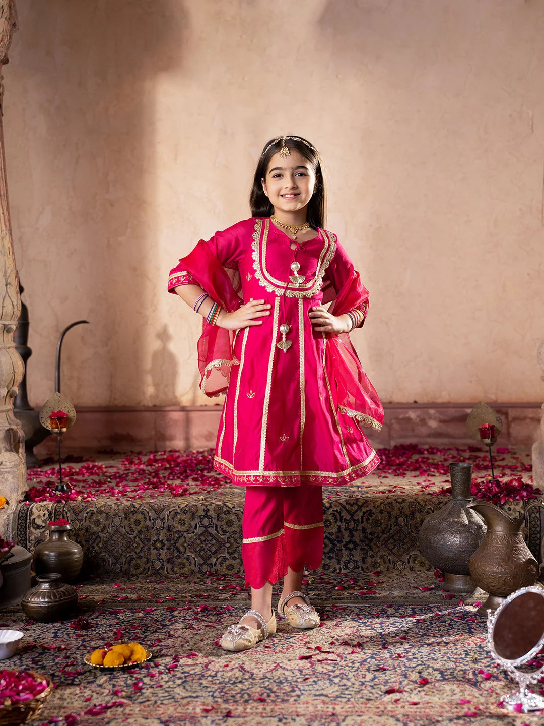 Girl - Dark Pink Chanderi Kurta Set with Dupatta