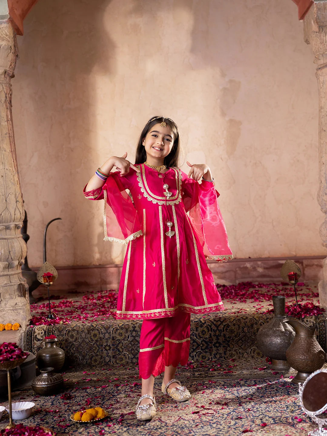 Girl - Dark Pink Chanderi Kurta Set with Dupatta