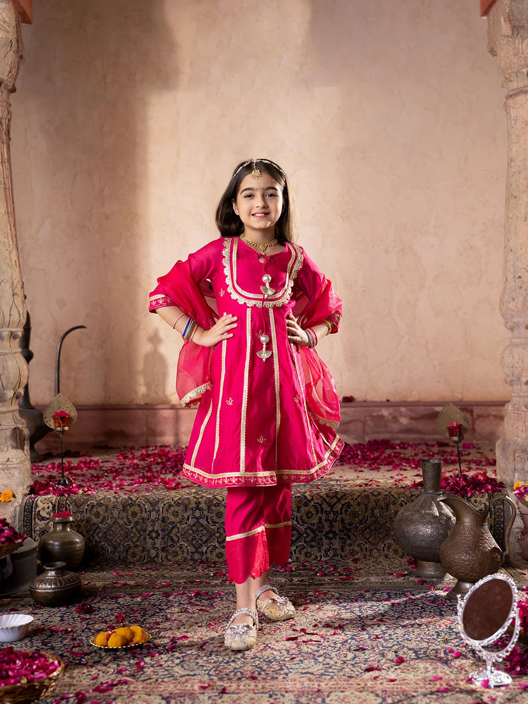 Girl - Dark Pink Chanderi Kurta Set with Dupatta