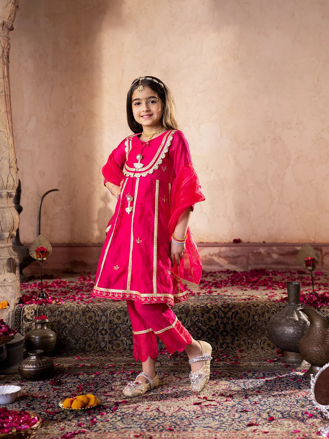 Girl - Dark Pink Chanderi Kurta Set with Dupatta