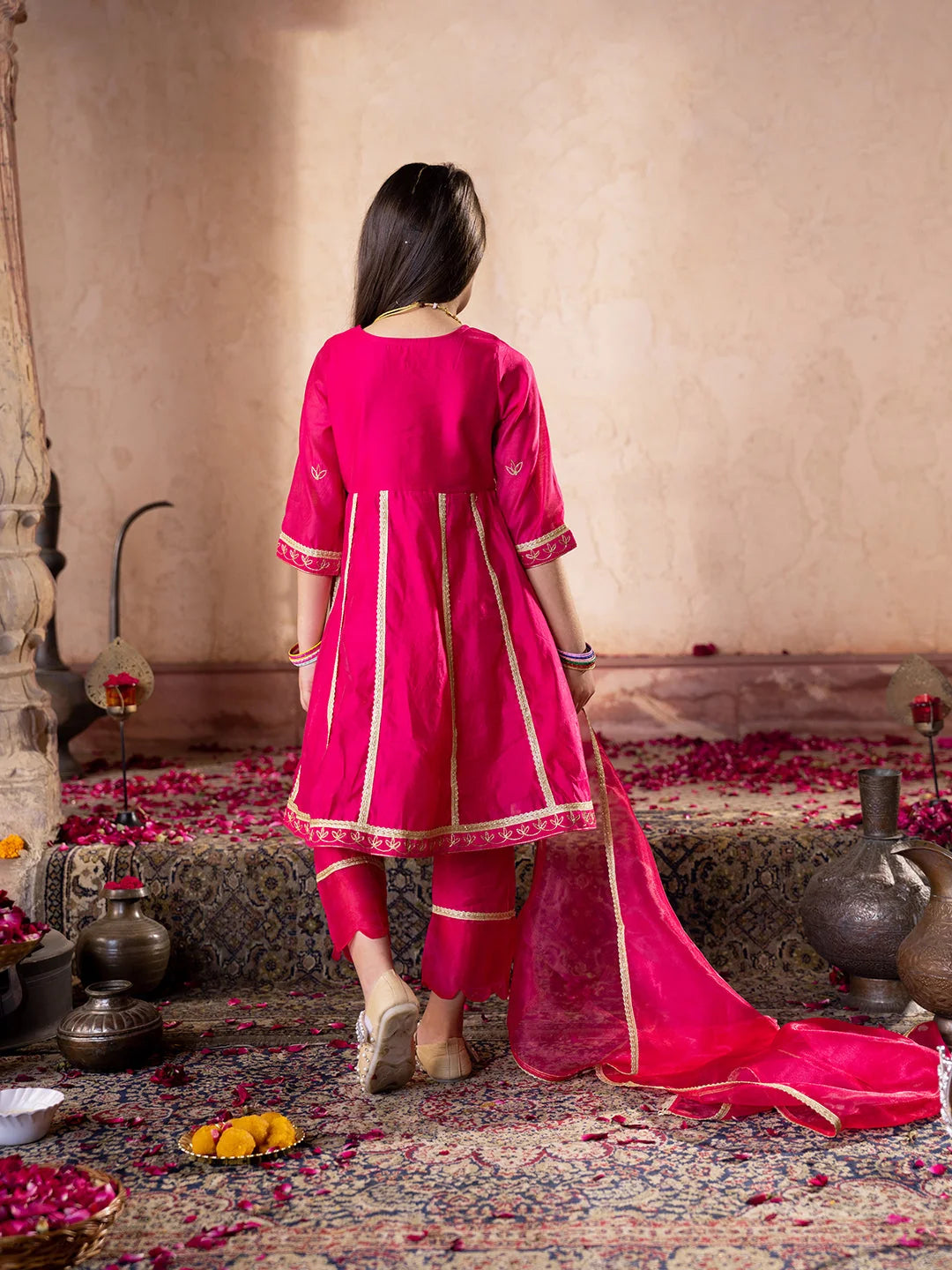 Girl - Dark Pink Chanderi Kurta Set with Dupatta