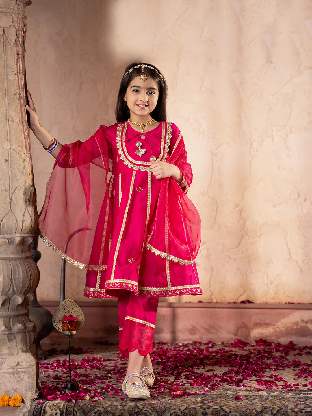 Girl - Dark Pink Chanderi Kurta Set with Dupatta