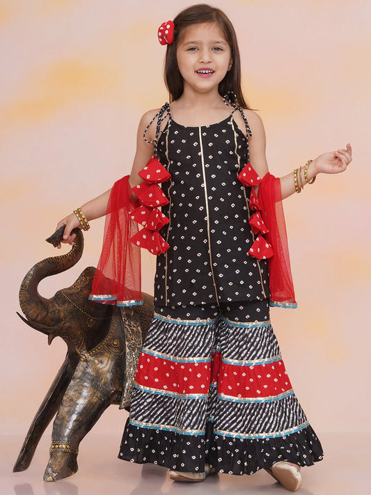 Girl Black & Red Bandhani Sharara Set with Dupatta