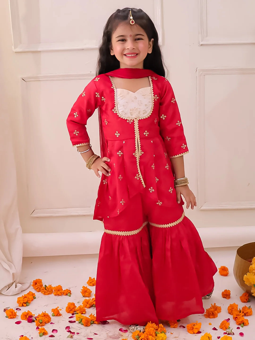 Girl - Red Chinon Silk Kurta Sharara Set with Duppatta