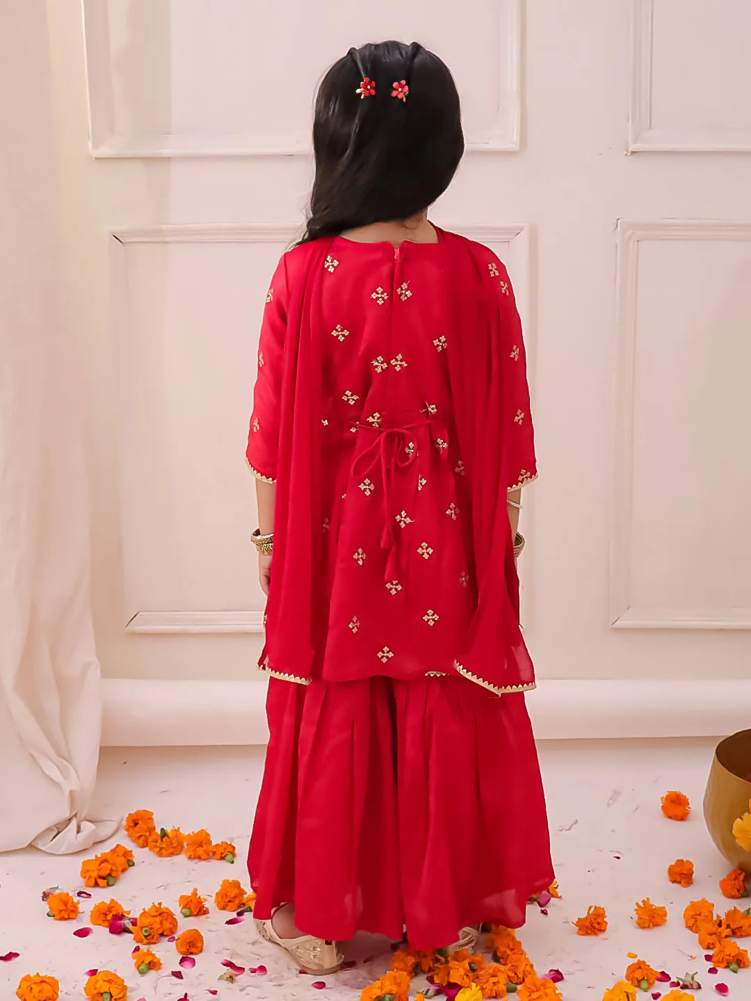 Girl - Red Chinon Silk Kurta Sharara Set with Duppatta