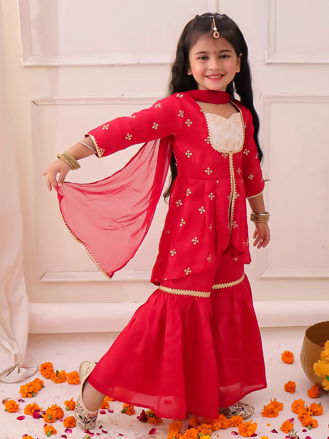 Girl - Red Chinon Silk Kurta Sharara Set with Duppatta