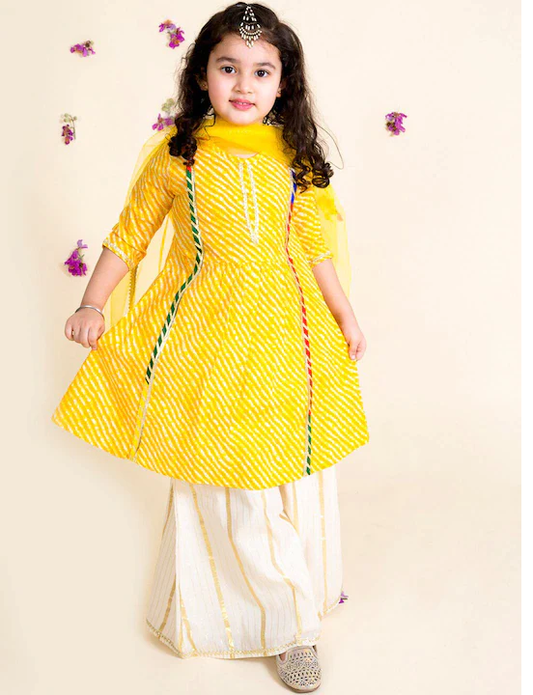 Girl - Yellow Lehariya with Offwhite Sharara Set