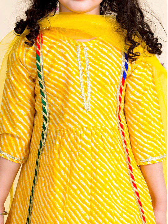 Girl - Yellow Lehariya with Offwhite Sharara Set