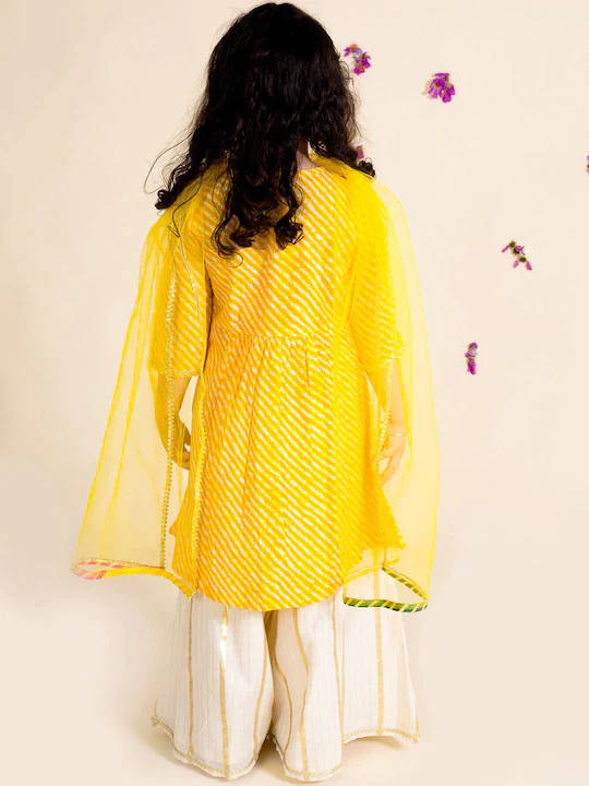 Girl - Yellow Lehariya with Offwhite Sharara Set