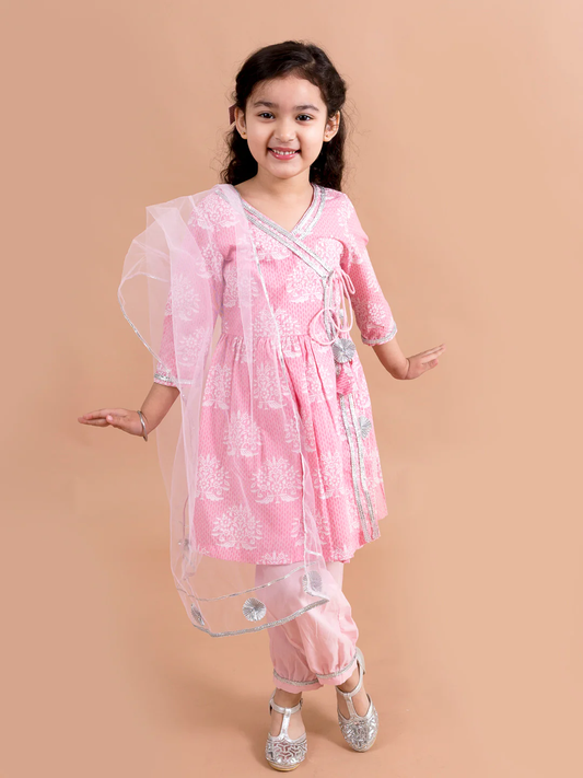 Girl - Pink Cotton Kurta Pant & Net Dupatta