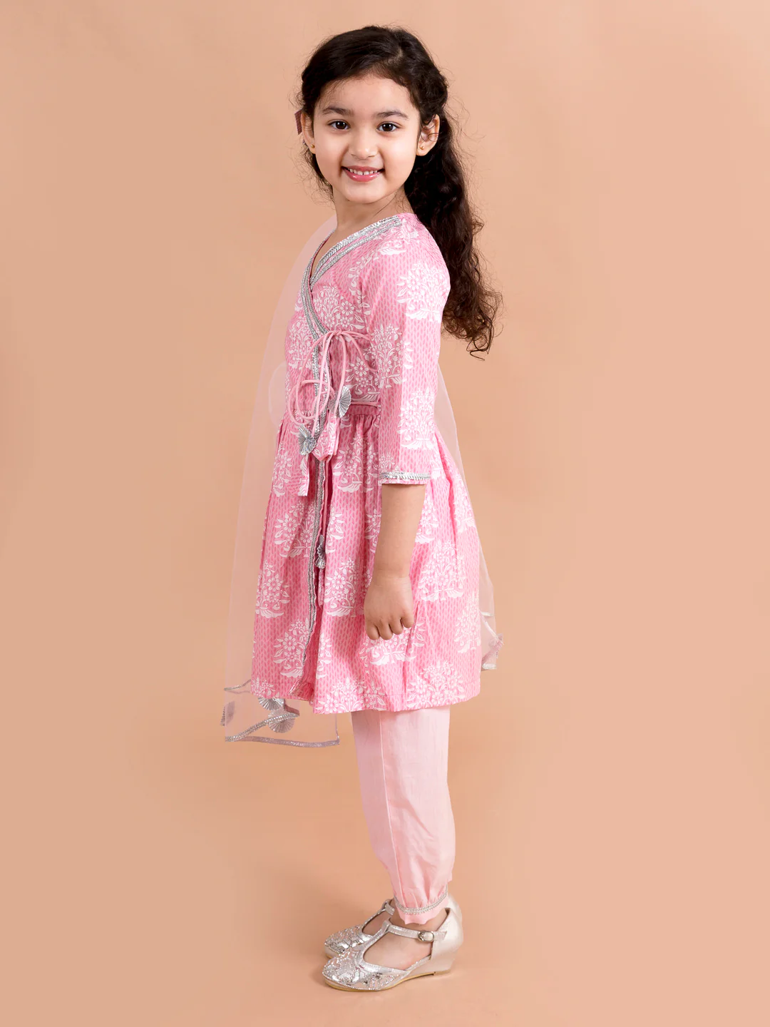 Girl - Pink Cotton Kurta Pant & Net Dupatta