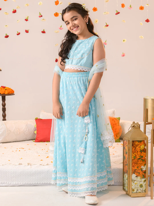 Girl - Light Blue Cotton Lehanga Choli with Dupatta