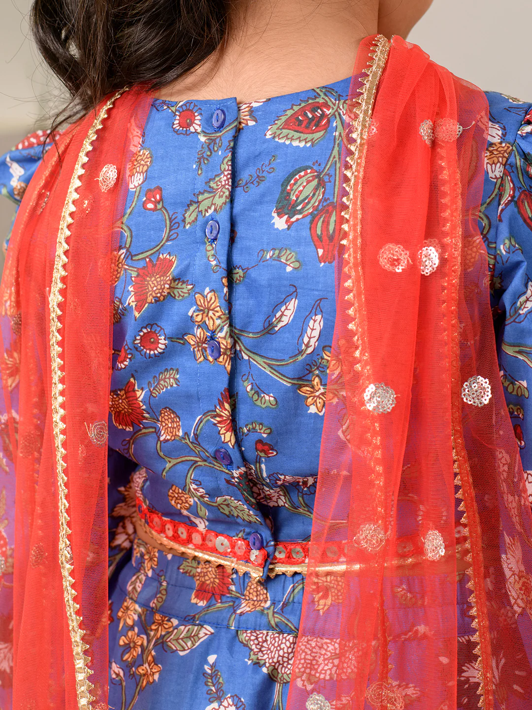 Girl - Blue and Red printed Gotta Patti & Mirror Work Lehenga choli with Dupatta