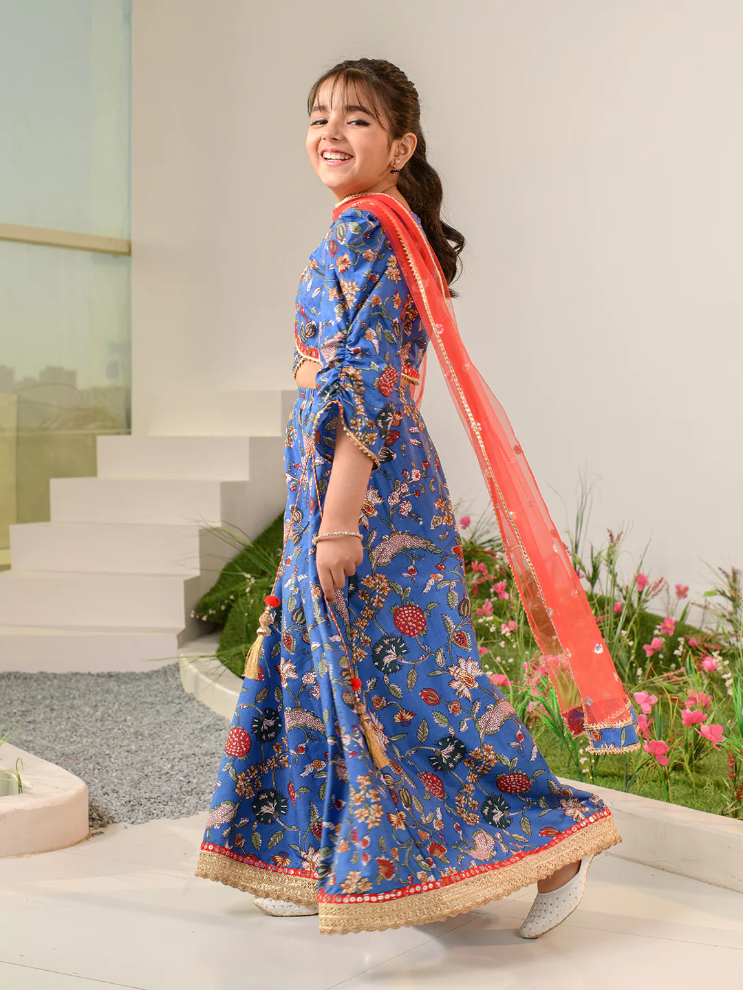Girl - Blue and Red printed Gotta Patti & Mirror Work Lehenga choli with Dupatta