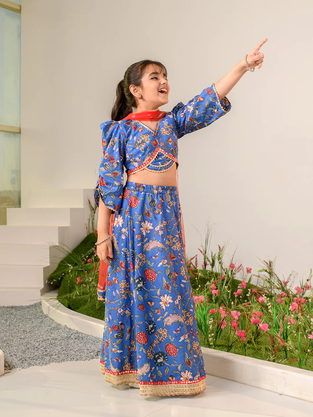 Girl - Blue and Red printed Gotta Patti & Mirror Work Lehenga choli with Dupatta