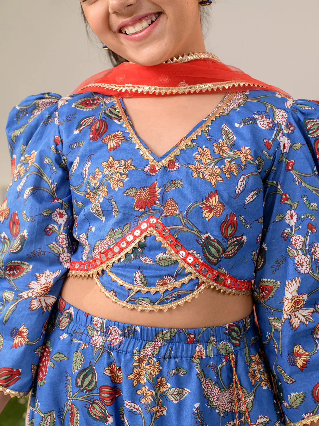 Girl - Blue and Red printed Gotta Patti & Mirror Work Lehenga choli with Dupatta