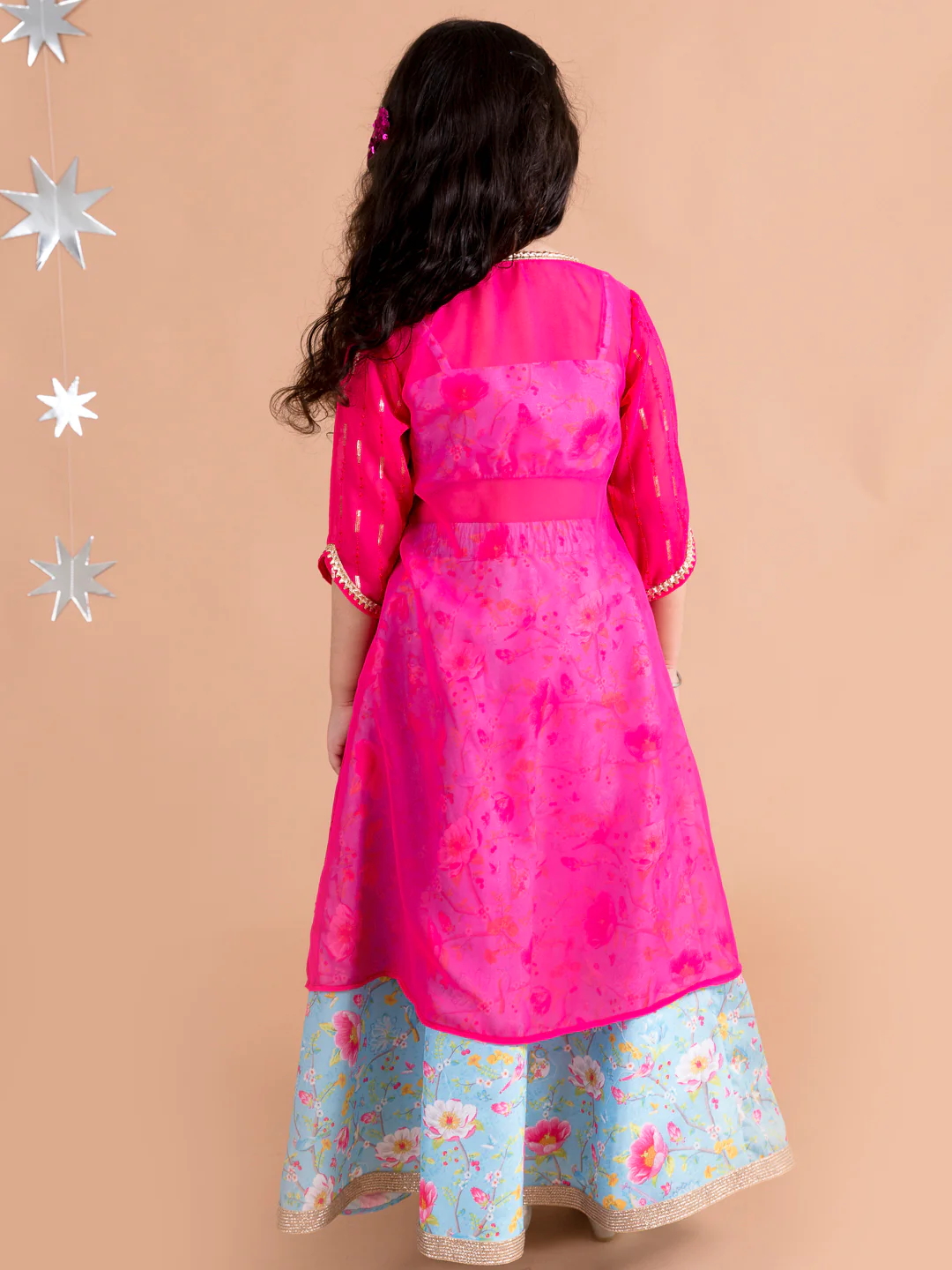 Girl - Blue Floral Print with Pink Open Jacket