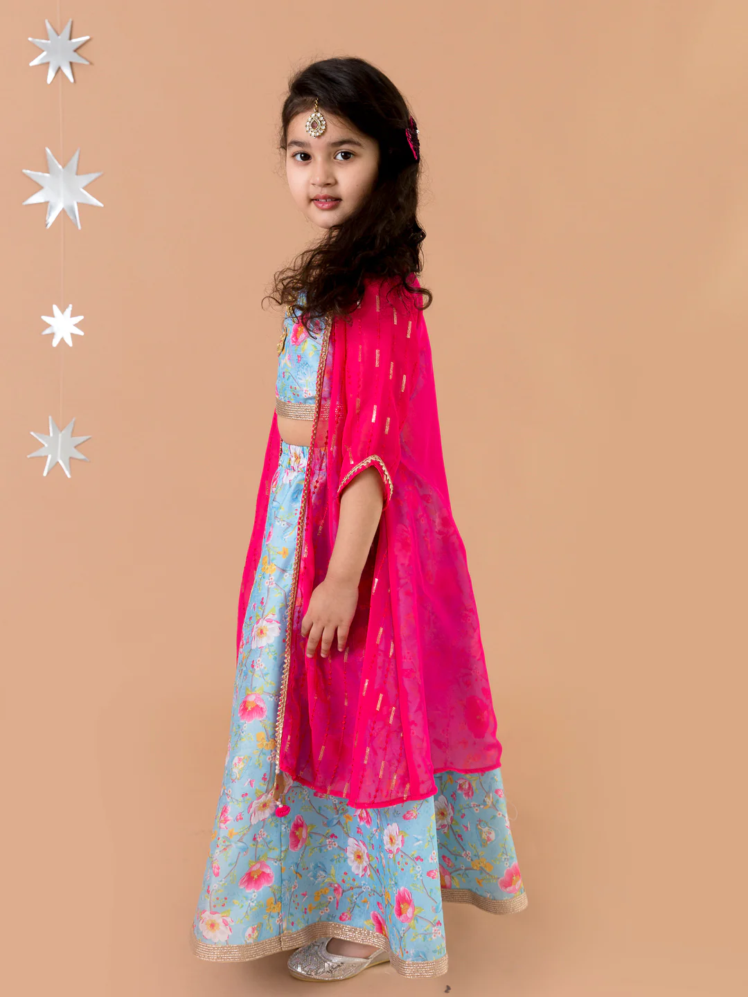 Girl - Blue Floral Print with Pink Open Jacket