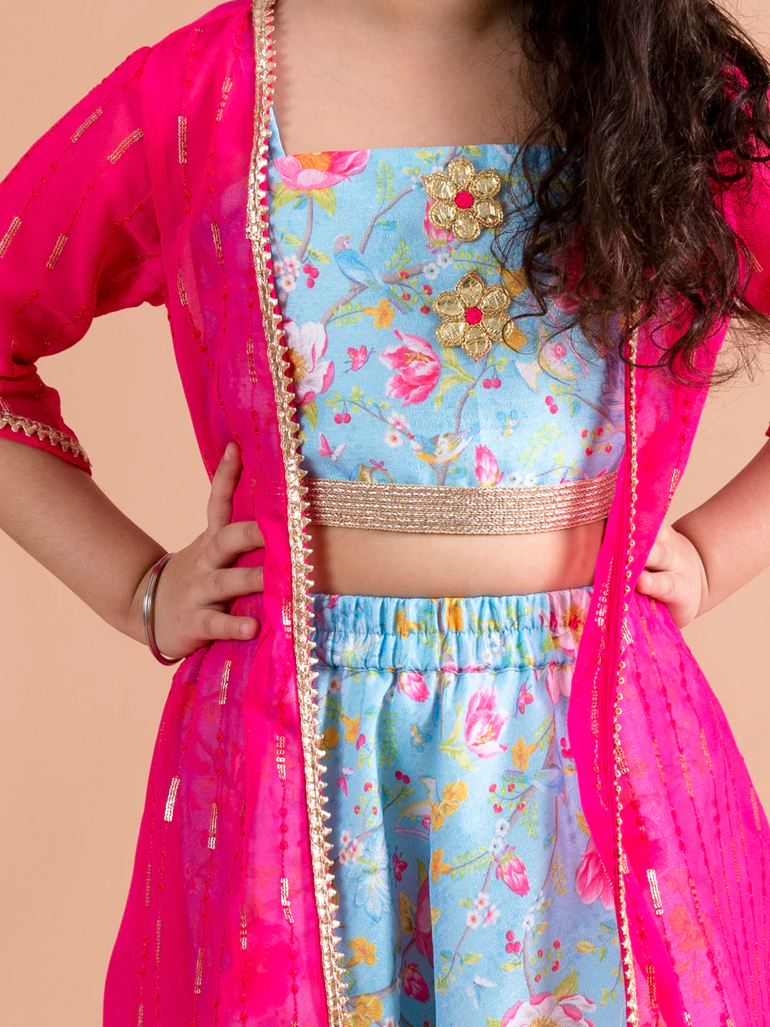 Girl - Blue Floral Print with Pink Open Jacket
