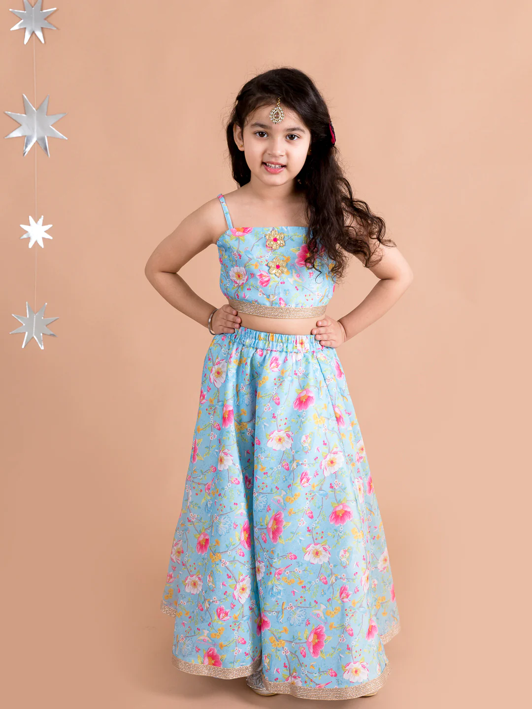 Girl - Blue Floral Print with Pink Open Jacket