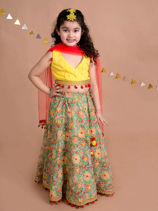 Girl - Yellow Crinkled Choli with Green Floral Lehanga & Dupatta