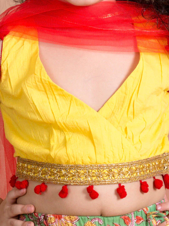 Girl - Yellow Crinkled Choli with Green Floral Lehanga & Dupatta