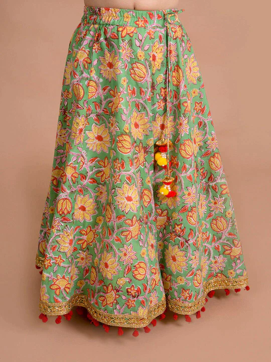 Girl - Yellow Crinkled Choli with Green Floral Lehanga & Dupatta