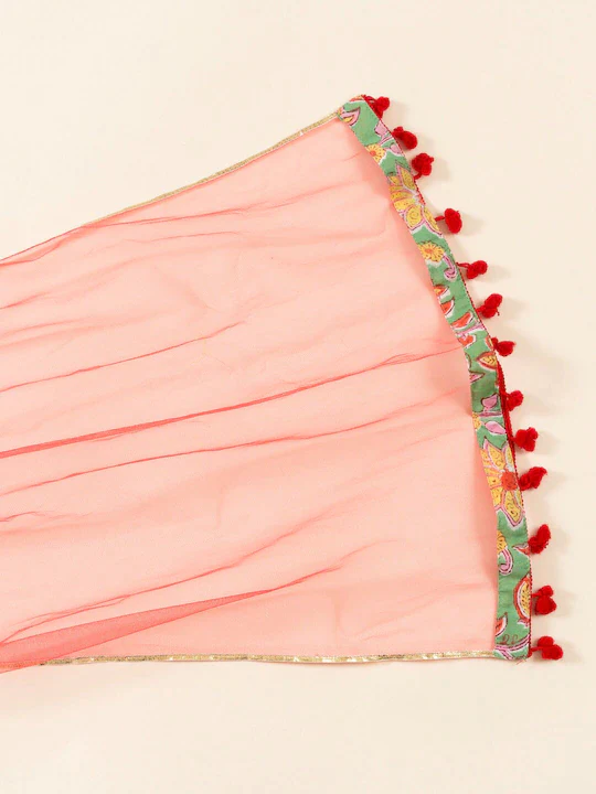 Girl - Yellow Crinkled Choli with Green Floral Lehanga & Dupatta
