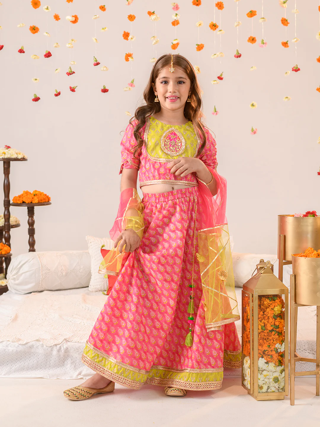 Girl - Pink & Green Gotta Patti Work Lehanga Choli with Dupatta