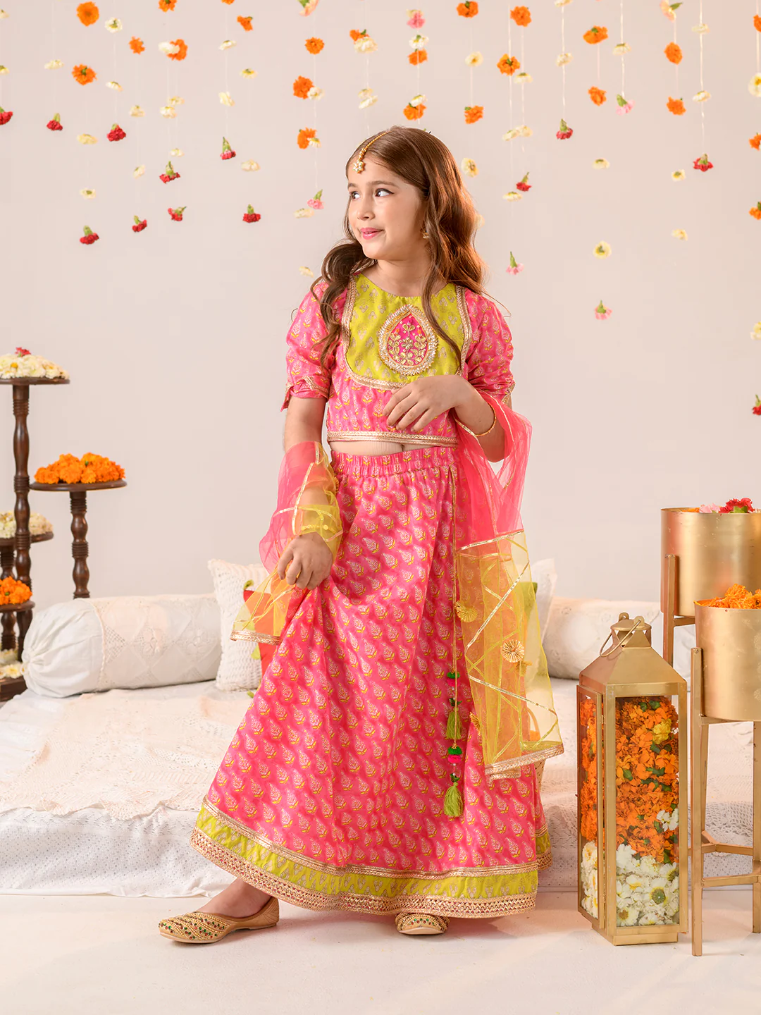 Girl - Pink & Green Gotta Patti Work Lehanga Choli with Dupatta