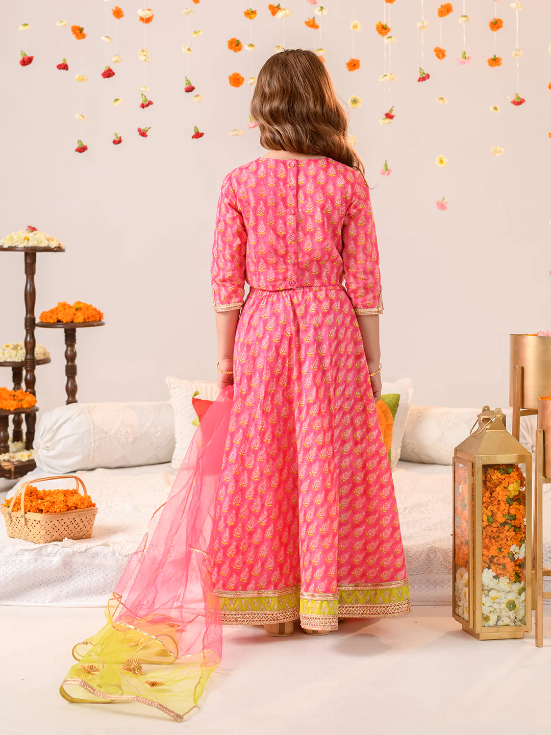 Girl - Pink & Green Gotta Patti Work Lehanga Choli with Dupatta