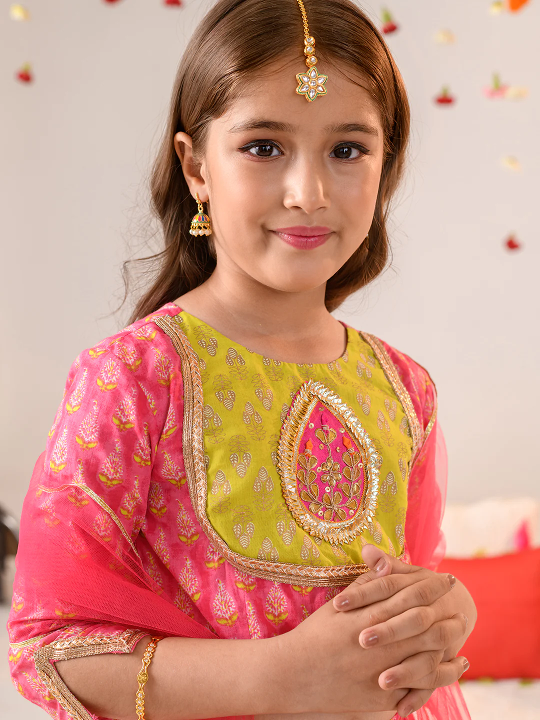 Girl - Pink & Green Gotta Patti Work Lehanga Choli with Dupatta